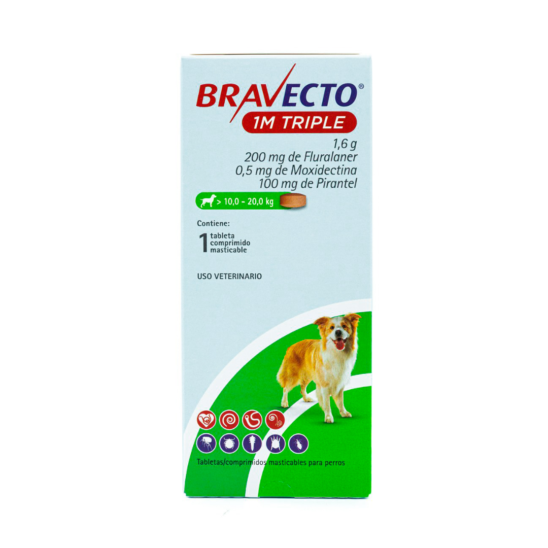 Bravecto 1M Triple Tableta Masticable Antiparasitaria Externa e Interna para Perro, 10 a 20 kg