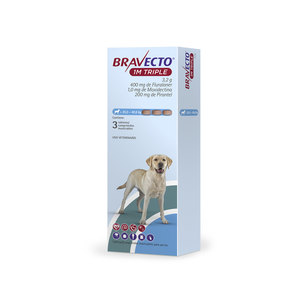 Bravecto 1M Triple Tripack Tableta Masticable Antiparasitaria Externa e Interna para Perro, 20 a 40 kg