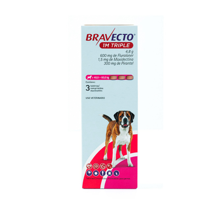 Bravecto 1M Triple Tripack Tableta Masticable Antiparasitaria Externa e Interna para Perro, 40 a 60 kg
