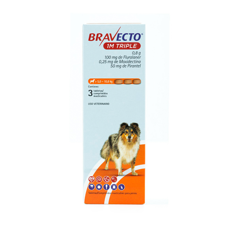 Bravecto 1M Triple Tripack Tableta Masticable Antiparasitaria Externa e Interna para Perro, 5 a 10 kg
