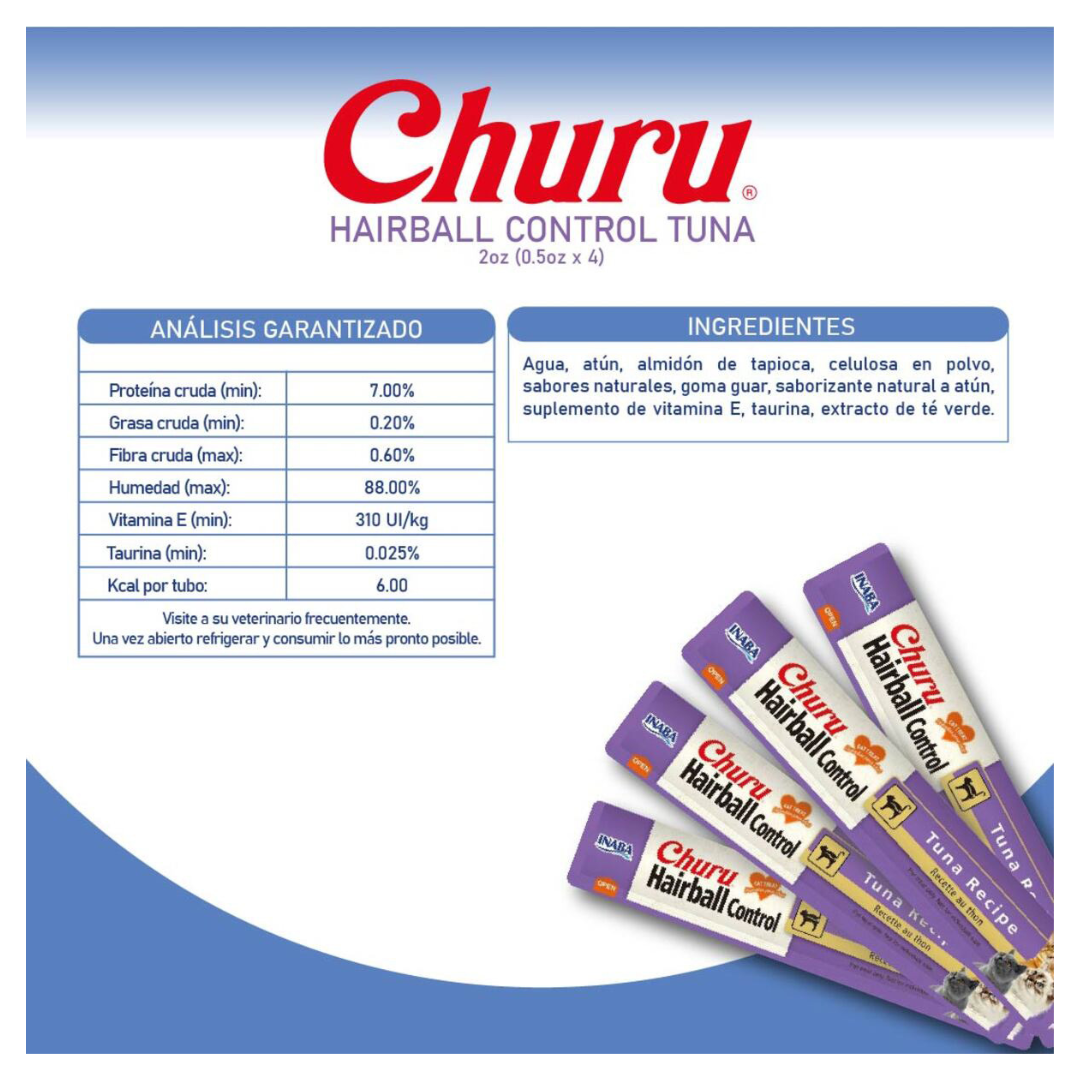 Inaba Churu Premio Cremoso Cuidado Bolas de Pelo para Gato Receta Atún 4 pzas