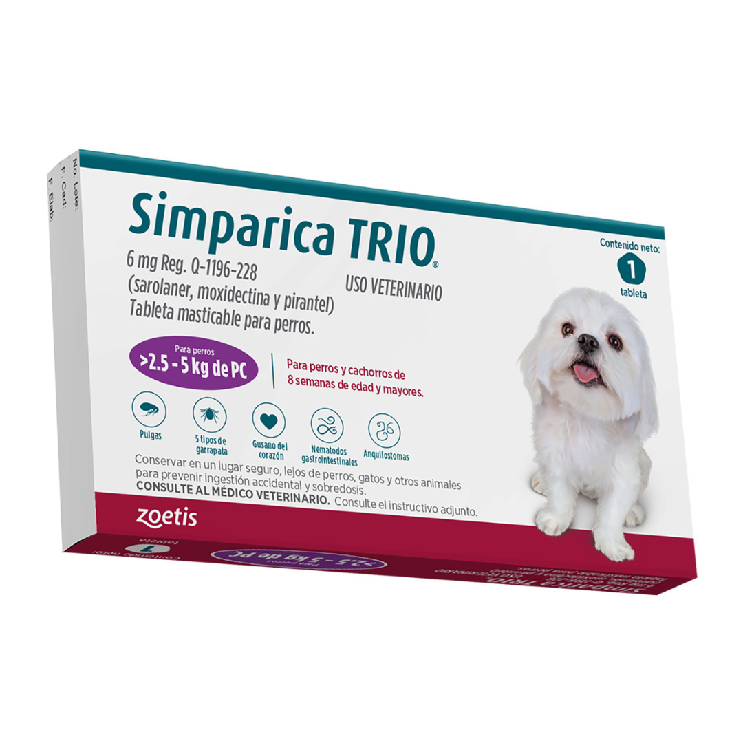 Simparica Trio Masticable Desparasitante Externo e Interno para Perro, 2.5-5 kg 1 tableta