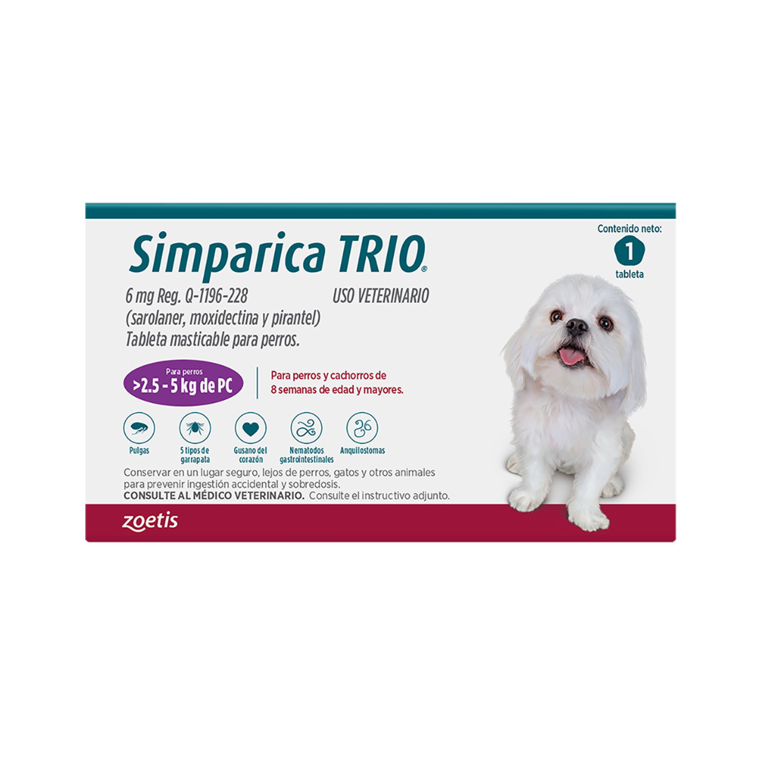 Simparica Trio Masticable Desparasitante Externo e Interno para Perro, 2.5-5 kg 1 tableta